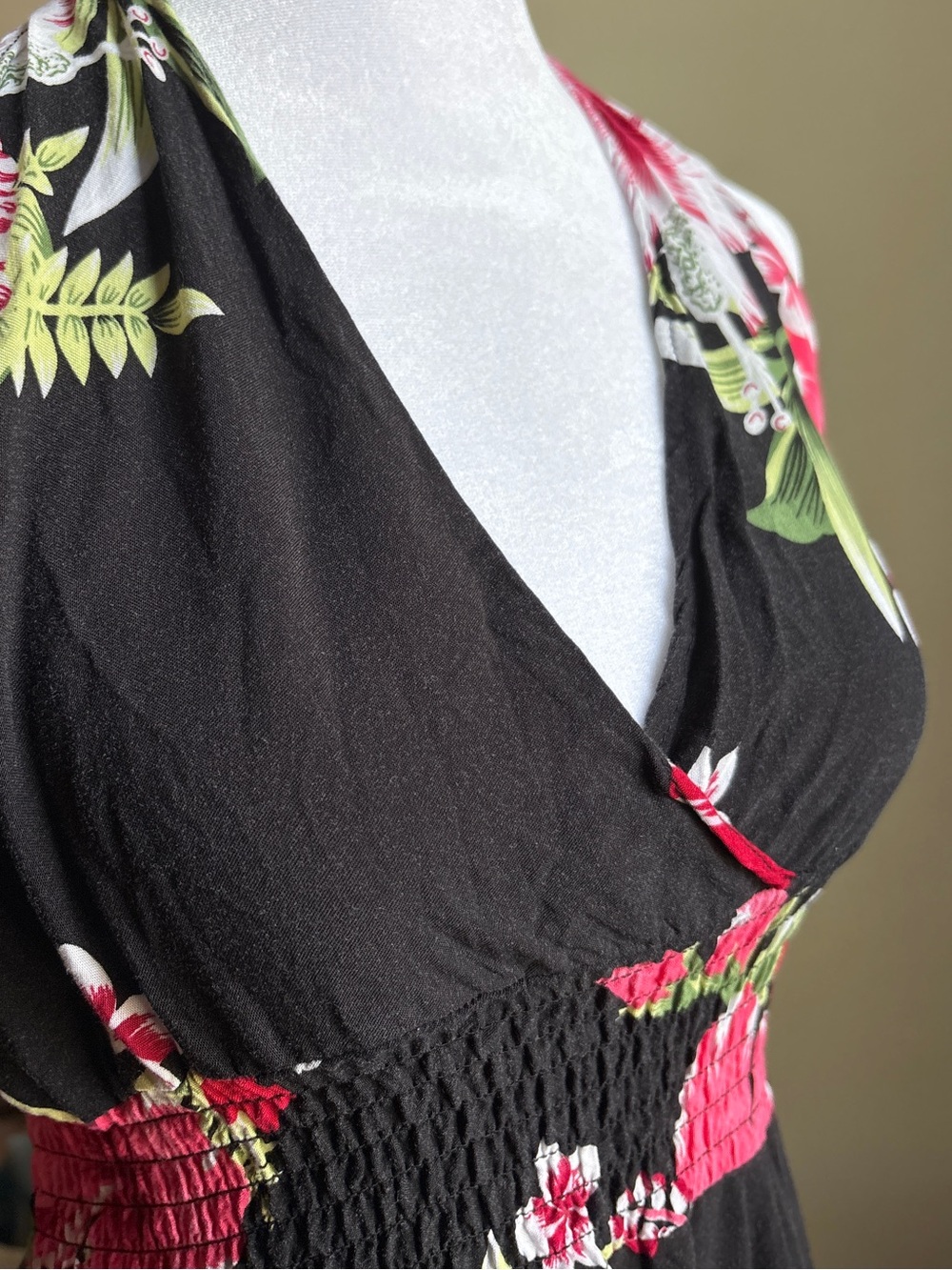Halter handkerchief hem Floral Dress in Black with Pink Hibiscus - Picture 5 of 7